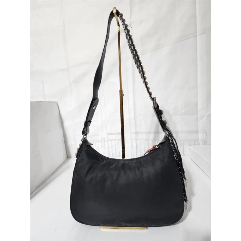 Authentic PRADA Tessuto Nylon Studded New Vela Hobo Bag Black